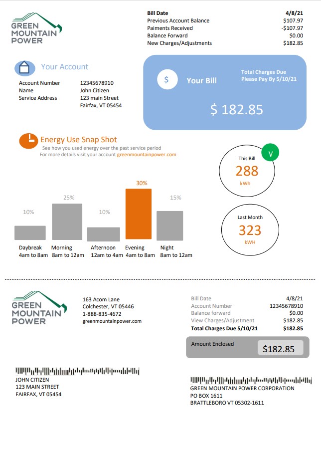 USA Vermont Green Mountain Power electricity utility bill in Word and PDF format
